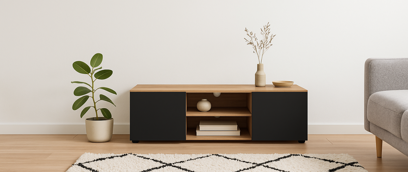 TV-Möbel 113 cm ELI Holz in Bucheoptik schwarze Türen