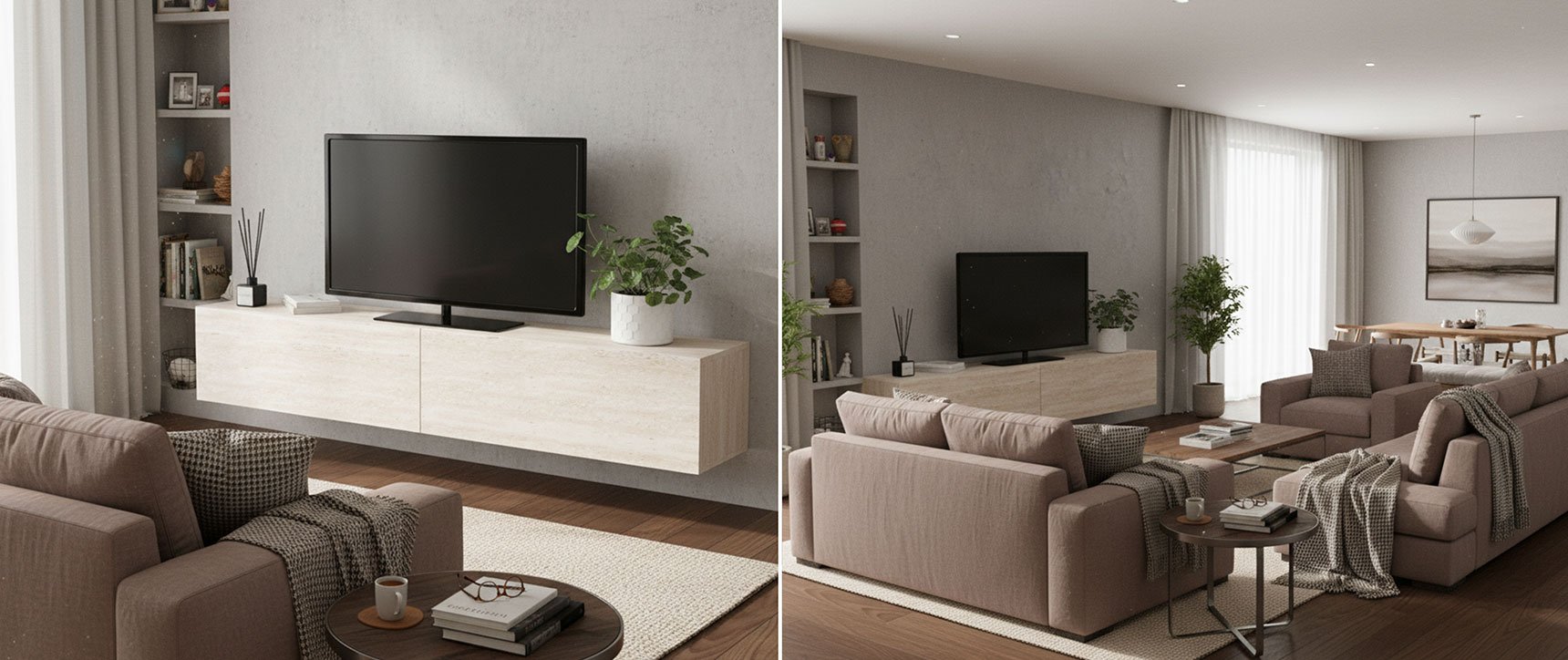 TV-Möbel 180 cm hängend ELIO 2 Holztüren Travertin-Effekt