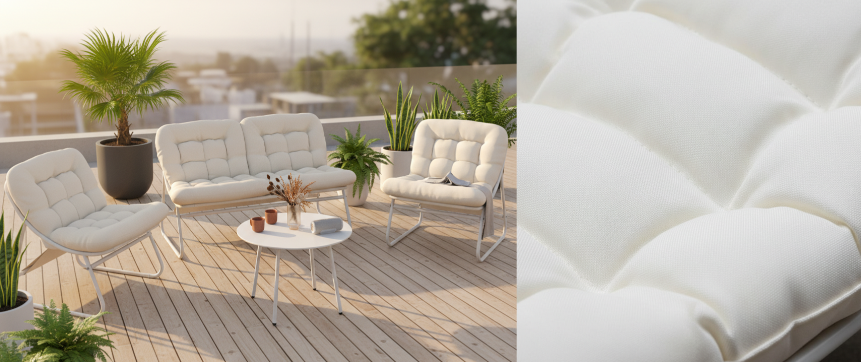 Gartenmöbel ARONA niedrig 4-Sitzer aus weißem Metall und beigen Kissen mit Sofa, Sessel und Tisch