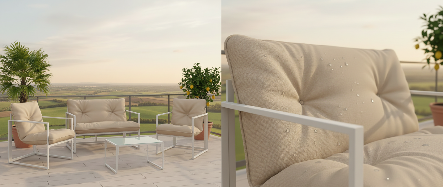 Niedrige Gartenmöbel NAIROBI 4-Sitzer aus weißem Stahl und beigen Kissen